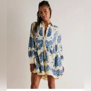 Free People Blue and Cream Floral Button Down Dress - Size S